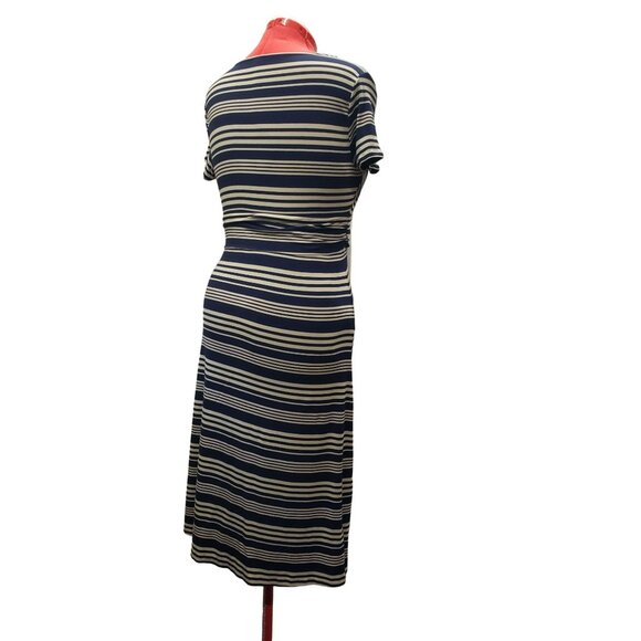 Talbots Faux Wrap Dress, Navy & Beige Striped, M, Short Sleeve, Rayon/Spandex - Picture 5 of 8